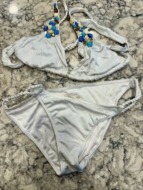 Victoria's Secret White Bikini Set with Blue & Gold Jewel Accents